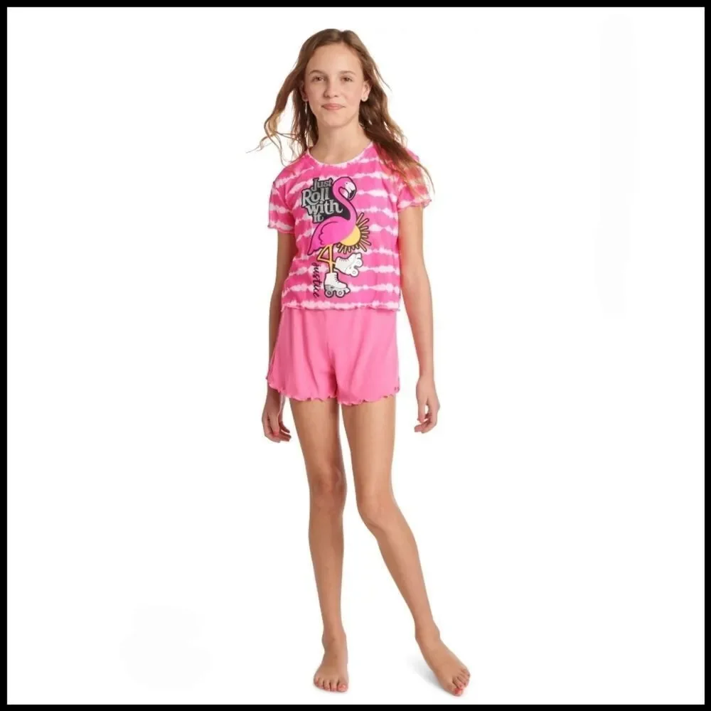 Justice Girls Shorts & T-Shirt Tie Dye Flamingo Pajama Set Size L 12/14